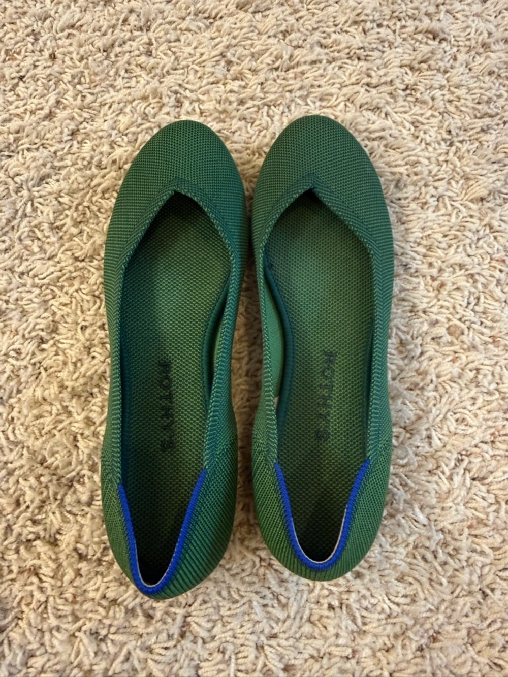 Rothy's Forest Green Slip-On Ballet Flats with Blue Trim